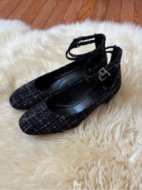 Zara Black Tweed Ankle Strap Ballet Flats